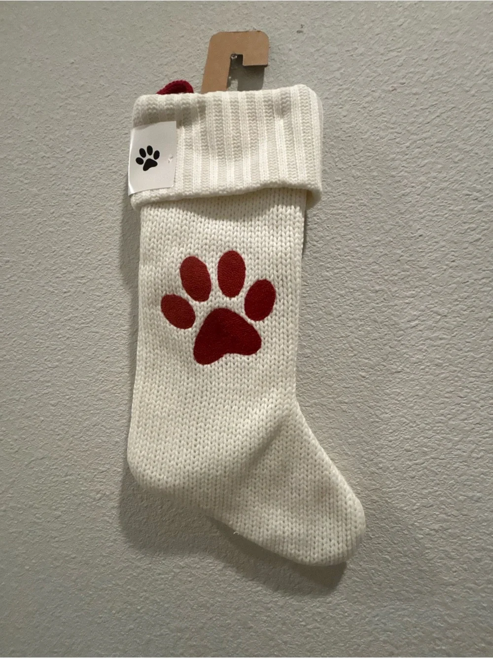 Cream Knit Dog Stocking with Red Paw Accent